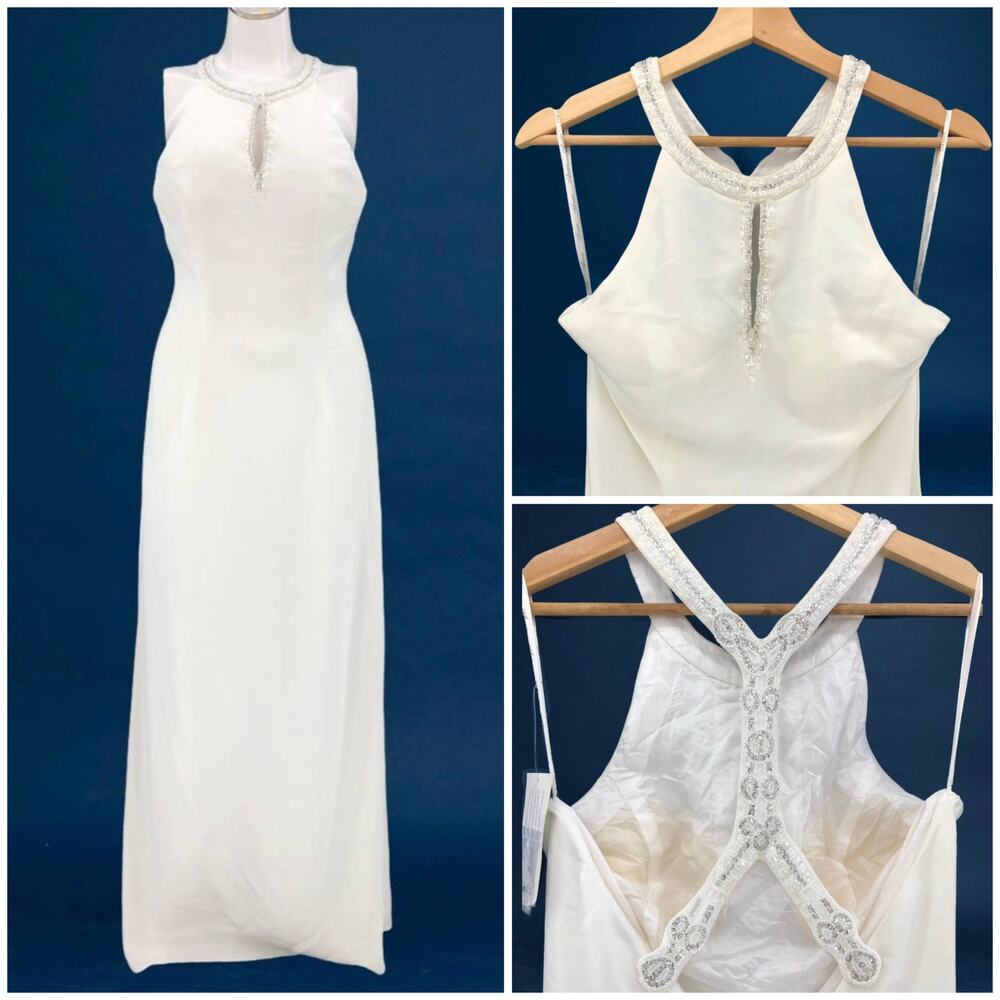 Vtg Avanti Y2K Beaded Halter Wedding Dress Ivory Sequin Sheath Maxi Gown Size 8